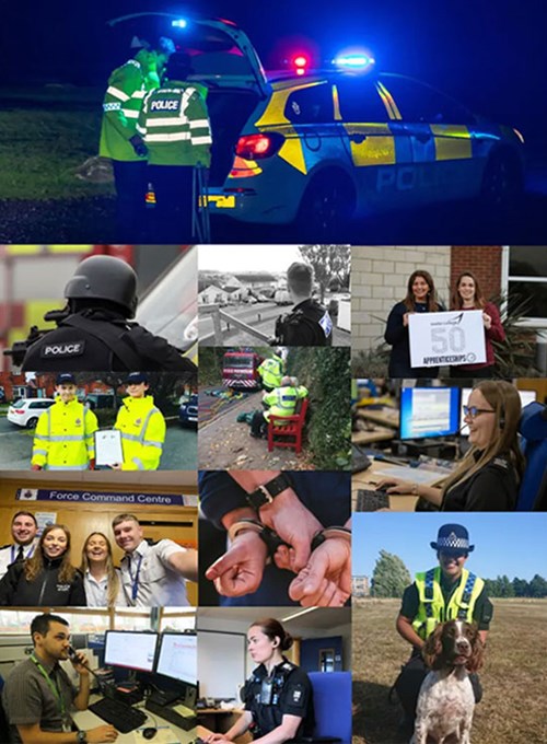 Policing montage of images, including cars, dogs, officers, staff and volunteers
