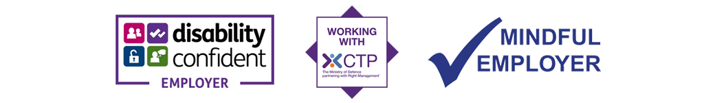 A group of logos, Disability confident, Working with CTP and Mindful Employer